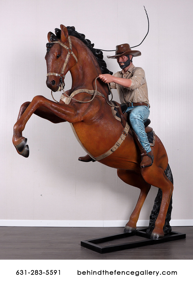 Cowboy Riding Stallion Statue