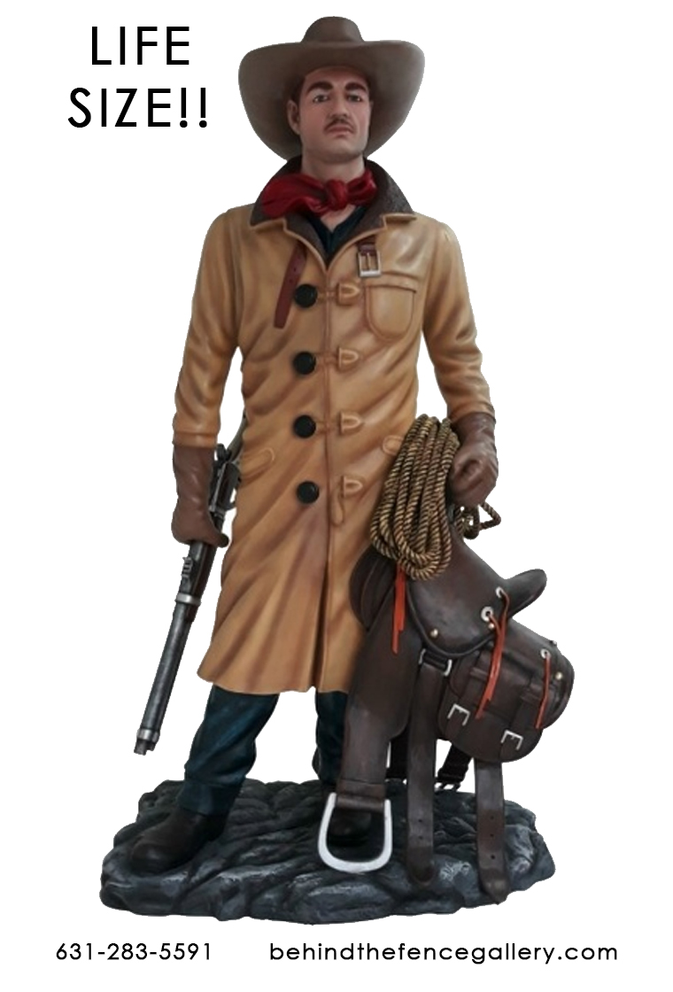 Old Western Cowboy with Saddle Rancher Statue