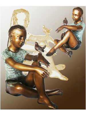 Bronze Girl Sitting with Bird