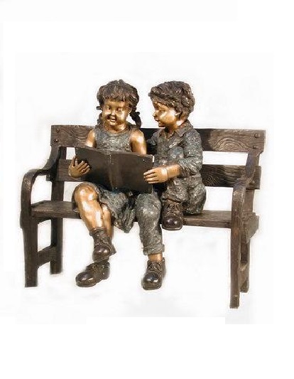 Bronze Kids Reading On Bench