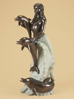 Bronze Mermaid with Dolphins on Wave Fountain